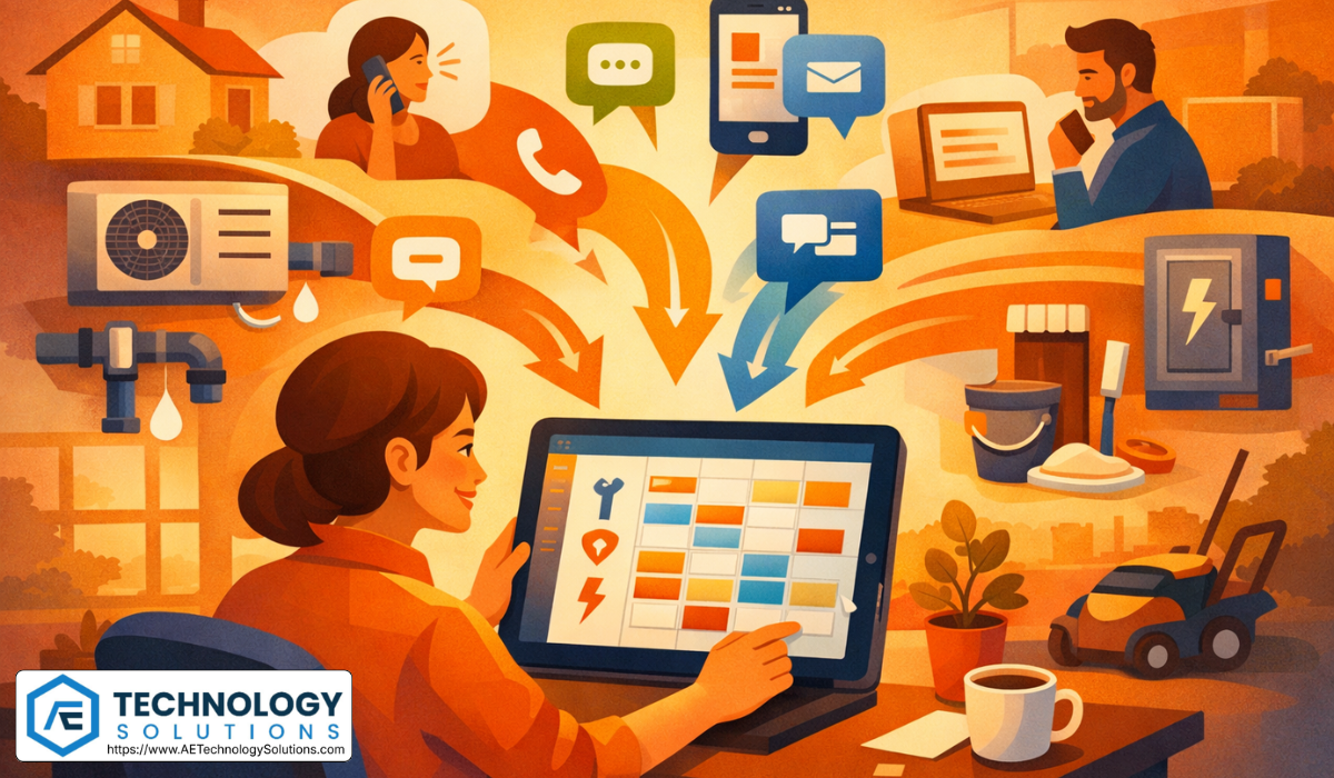 Over-the-shoulder illustration of a home services business owner reviewing a fully booked weekend calendar on a laptop while an AI receptionist captures customer appointments automatically after hours.