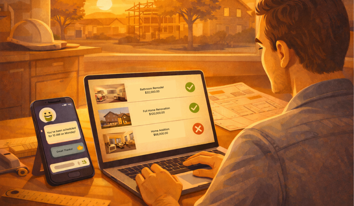 Over-the-shoulder illustration of a home renovation contractor reviewing project inquiries on a laptop, with AI-assisted lead qualification showing approved and declined consultations while a smartphone chatbot captures customer information after hours.