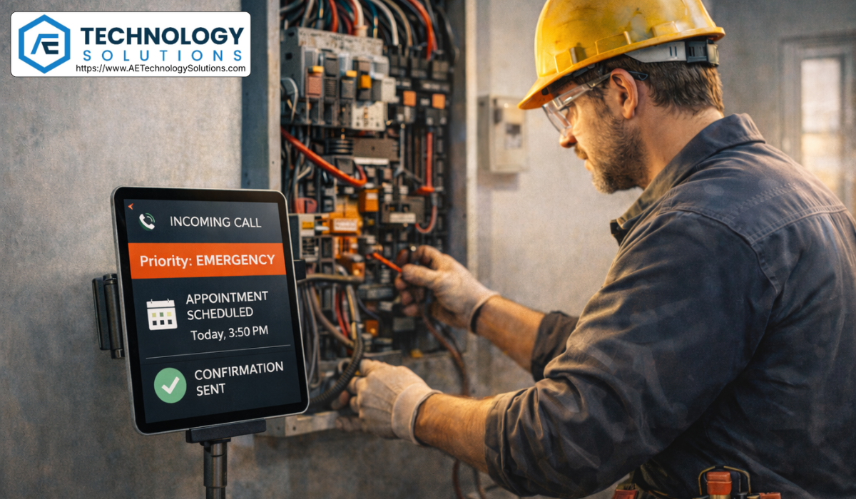 Professional electrician working on a powered-down electrical panel while a mounted tablet displays AI receptionist intake details including emergency priority, scheduled appointment, and confirmation sent, illustrating 24/7 electrician answering service and booking automation.