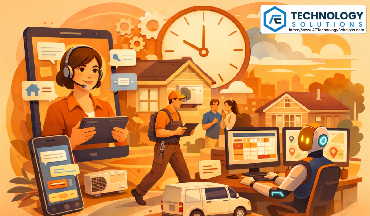Warm-toned illustration of an HVAC AI receptionist system in action: a technician walks toward a home with a tablet, a large clock symbolizes 24/7 availability, and digital AI interface elements coordinate scheduling and dispatch in the background. The scene conveys automated booking, fast response, and continuous customer support without visible text.