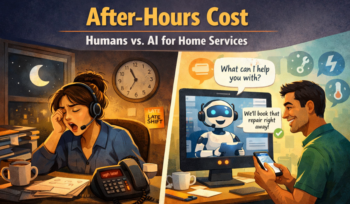 Illustration showing a tired late-night service dispatcher working at a cluttered desk with a headset and ringing phone, contrasted with a homeowner easily interacting with an AI assistant on a computer to schedule a repair after hours.
