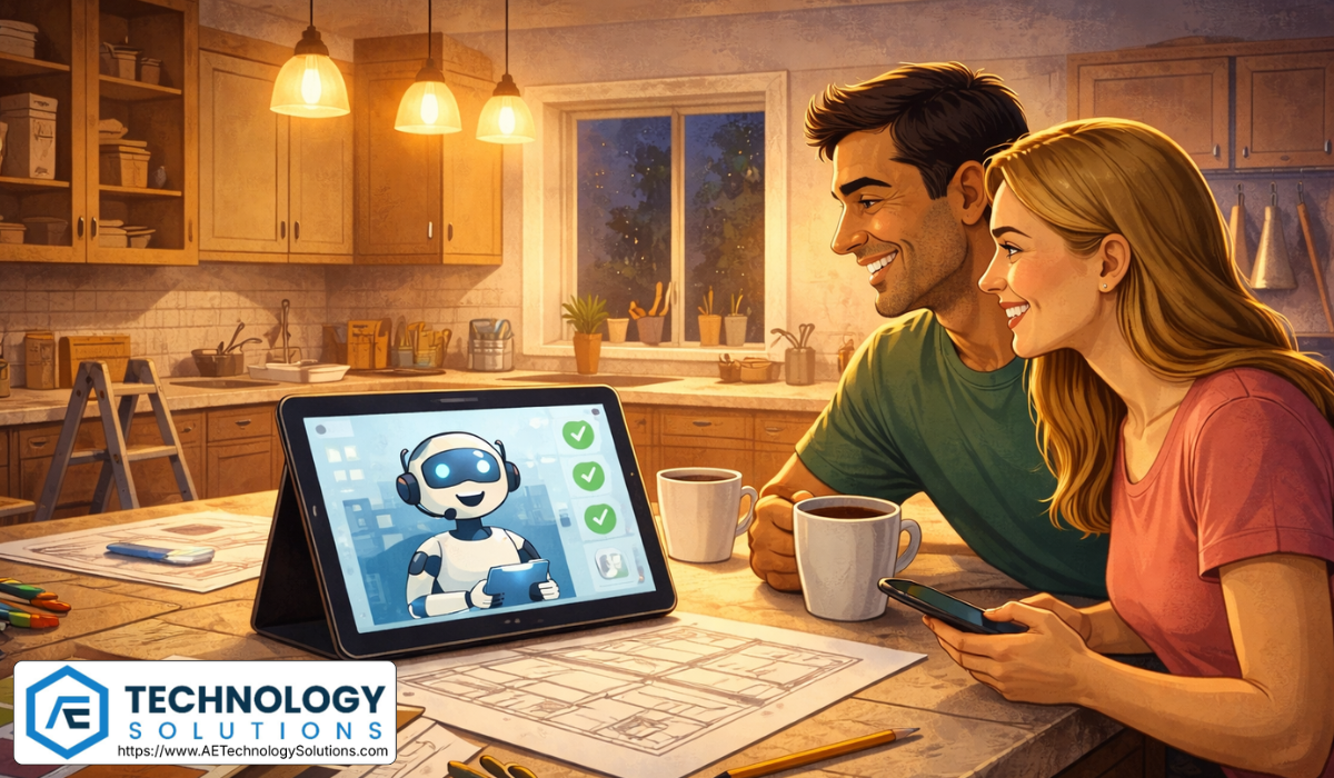 Illustration of a couple planning a kitchen renovation in the evening, reviewing blueprints and material samples while using a tablet with an AI assistant to schedule a remodeling consultation.