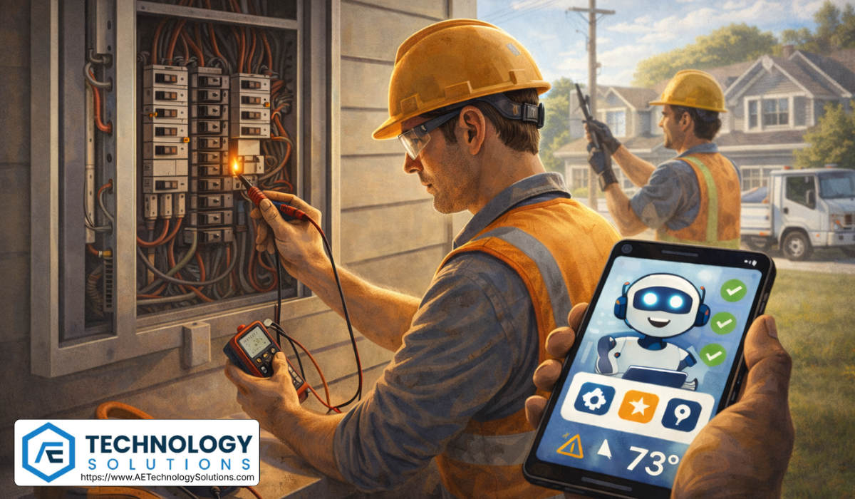 Illustration of electricians diagnosing a residential breaker panel outside a home during the day while a smartphone displays an AI assistant helping coordinate electrical service and job intake.