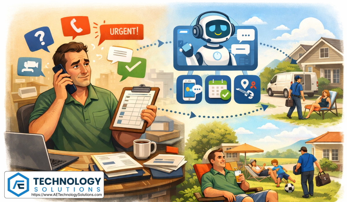 Illustration of a busy home services owner managing incoming calls, schedules, and job requests while an AI system handles customer communication and booking tasks in the background, representing how AI agents help service businesses save time, increase revenue, and reduce operational stress.