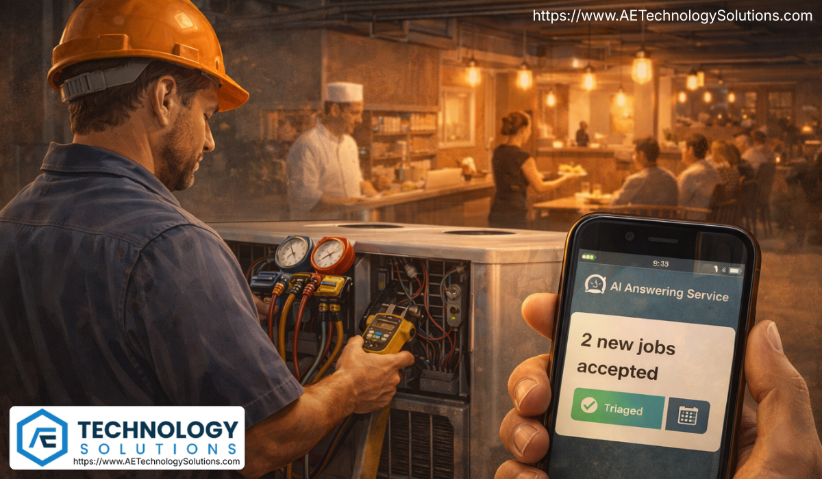 HVAC technician servicing a commercial rooftop air conditioning merged into the background is a busy restaurant while a smartphone notification shows two new service jobs automatically accepted and triaged by an AI answering system.