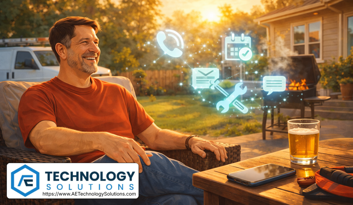 Illustration of a home services business owner relaxing on a backyard patio while AI agents automatically handle phone calls, booking appointments, and customer messages for the business.
