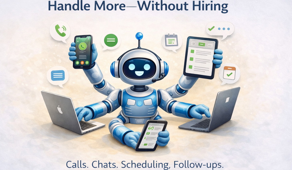 AI receptionist and chatbot managing phone calls, website chat, booking automation, and follow-ups to help home services businesses scale without hiring additional staff.