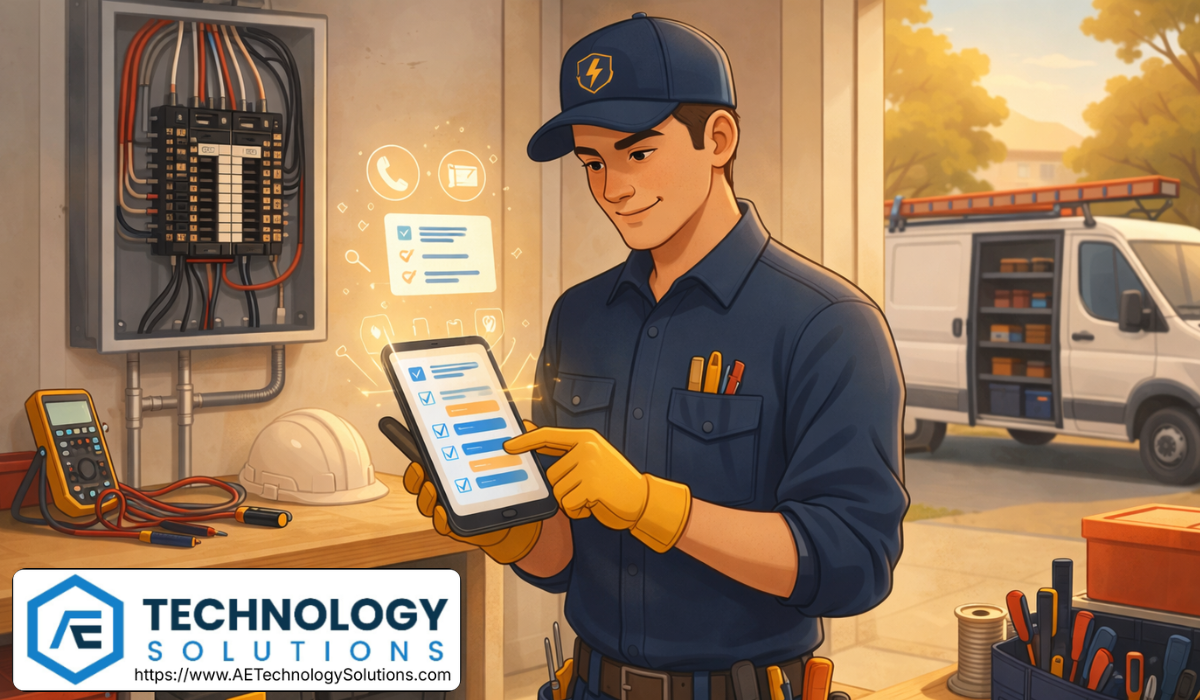 AI receptionist for electricians managing inbound calls, scheduling, and job intake while a technician reviews organized service requests on a mobile device in a clean workspace