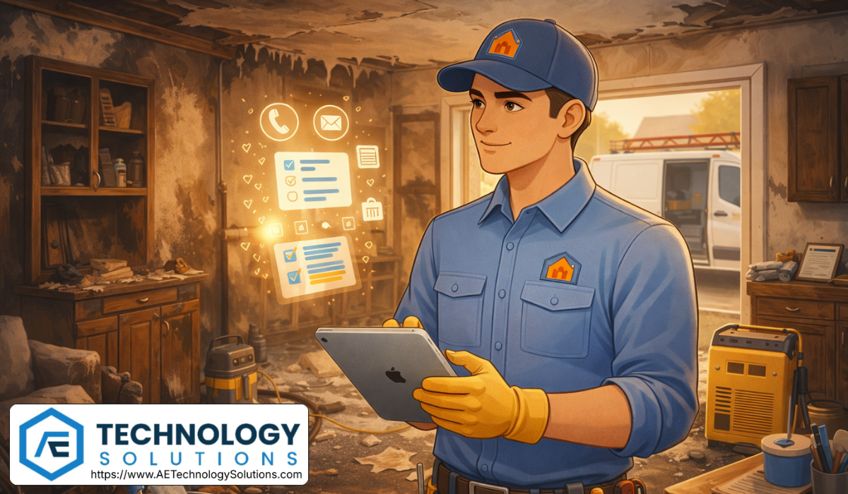 AI agents for home restoration managing emergency intake, scheduling, and job coordination while a restoration technician reviews organized service requests in a fire-damaged home