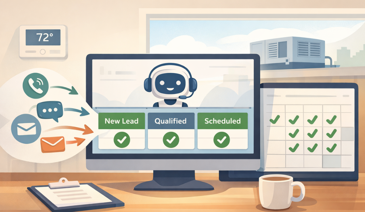 AI receptionist for HVAC managing inbound calls, qualifying leads, and scheduling jobs automatically to improve capacity planning, response speed, and profit margins.