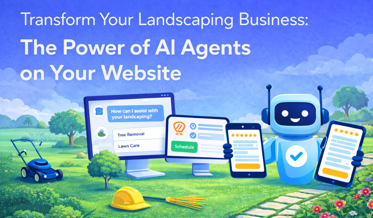Illustration showing an AI agent assisting a landscaping business website by capturing leads, answering customer questions, and scheduling landscaping services.