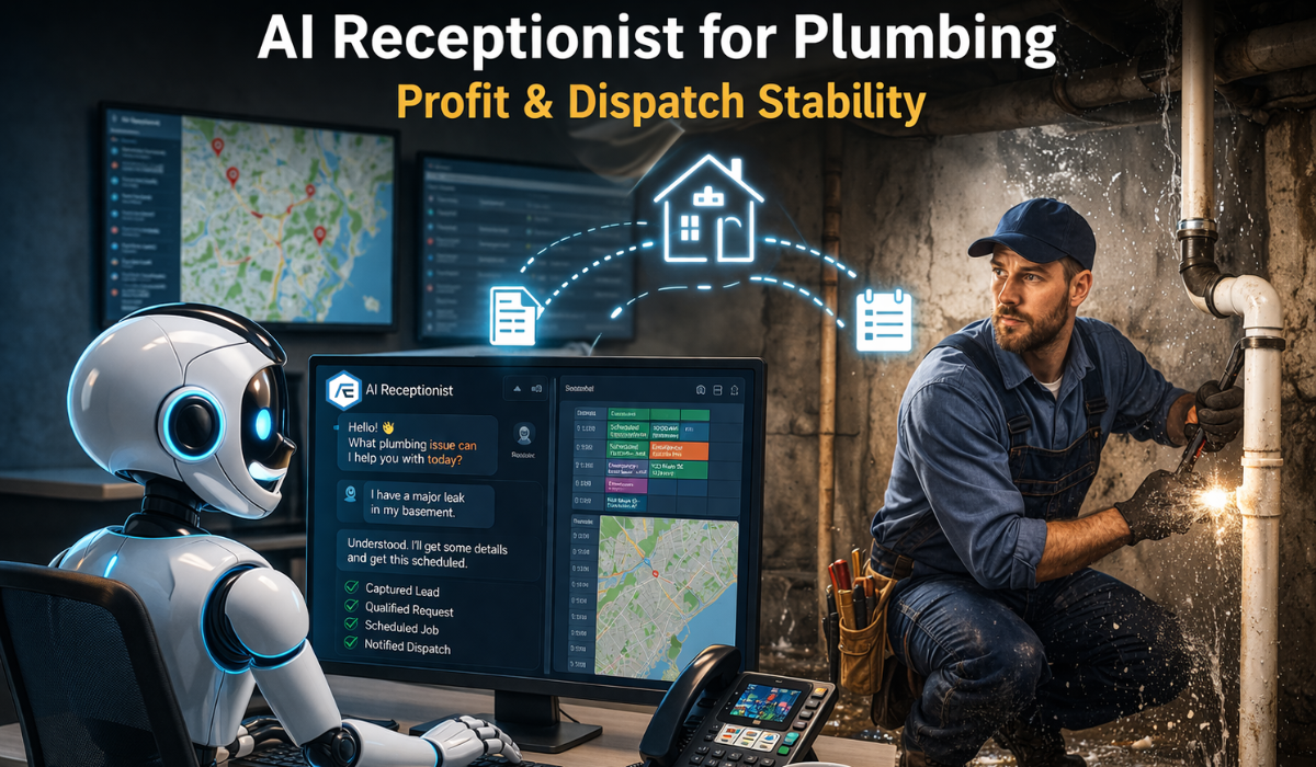 AI receptionist for plumbers managing inbound calls, qualifying emergency requests, and supporting dispatch scheduling to improve conversion, response speed, and profit stability.