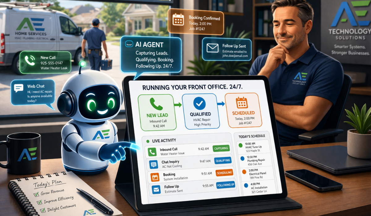 AI agent managing home services front office operations on tablet, capturing leads, qualifying jobs, scheduling appointments, and automating customer follow-ups for HVAC, plumbing, and electrical businesses