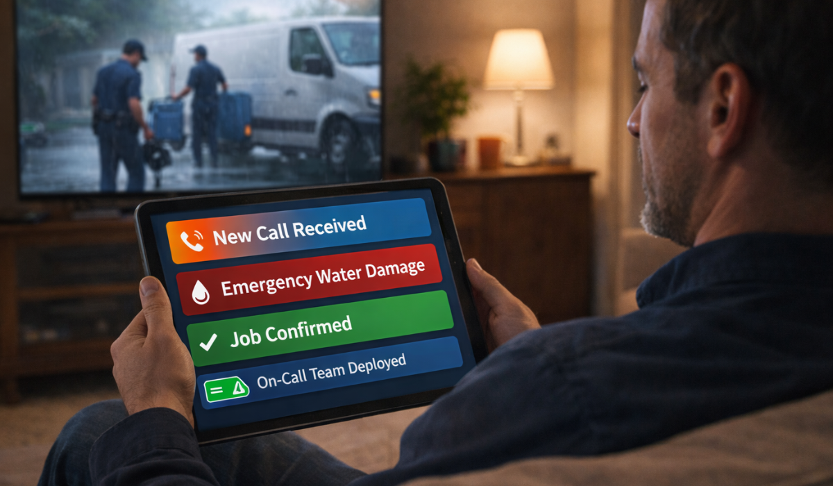 Home services business owner relaxing at home while AI agent handles emergency water damage call, triages the job, confirms booking, and dispatches the on-call restoration team