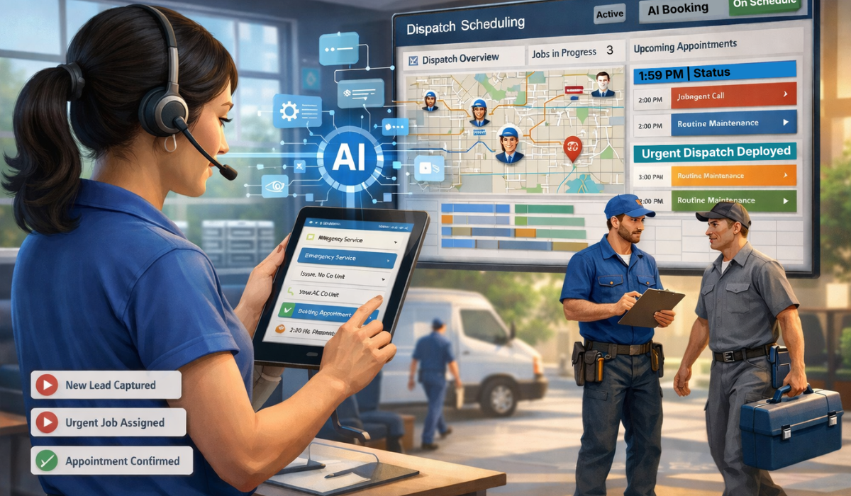 AI receptionist for HVAC capturing inbound service requests on a tablet while dispatch and scheduling workflows update in real time to improve technician utilization and response speed