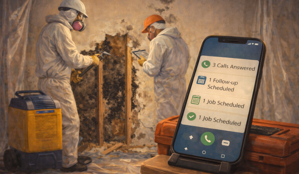 Illustration of mold remediation technicians performing black mold removal while an AI call answering service captures leads, schedules follow-ups, and books jobs, shown on a smartphone with real-time updates.