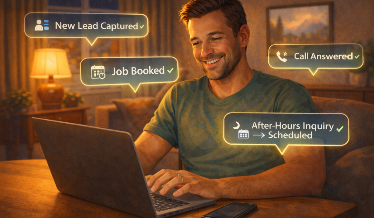 Illustration of a home services business owner using AI receptionist, AI voicebot, and AI booking automation to capture leads, answer calls, and schedule jobs in real time from a laptop.