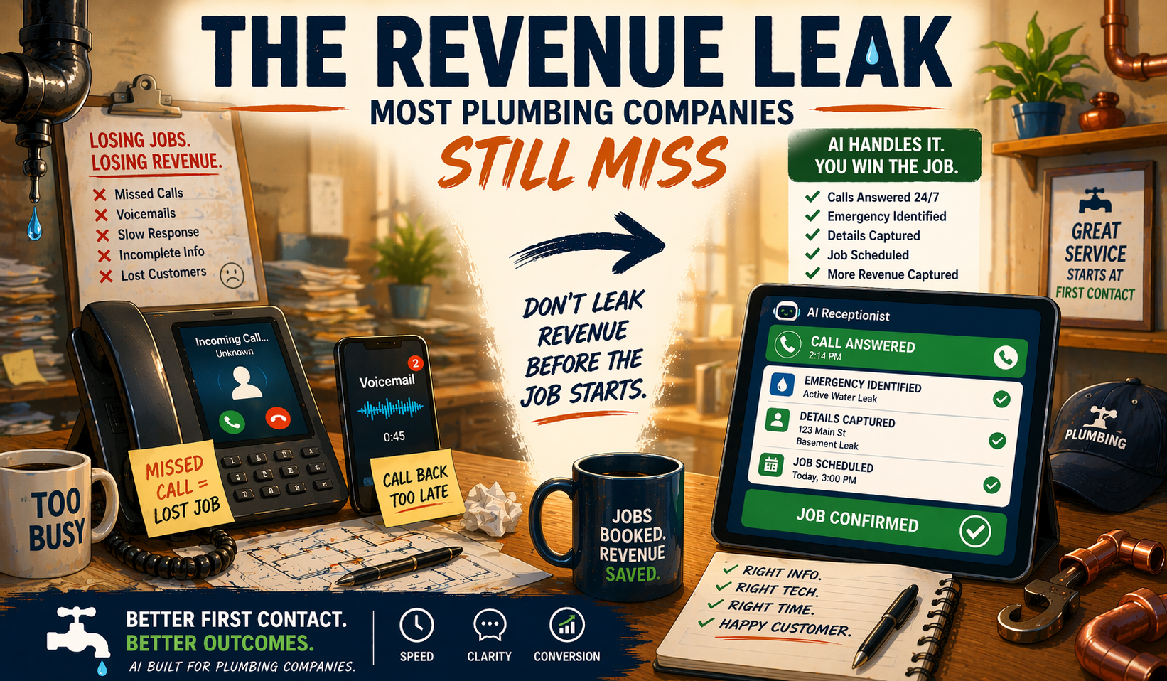 AI receptionist for plumbers handling missed calls and booking emergency plumbing jobs, improving lead conversion, customer response time, and dispatch efficiency for plumbing businesses