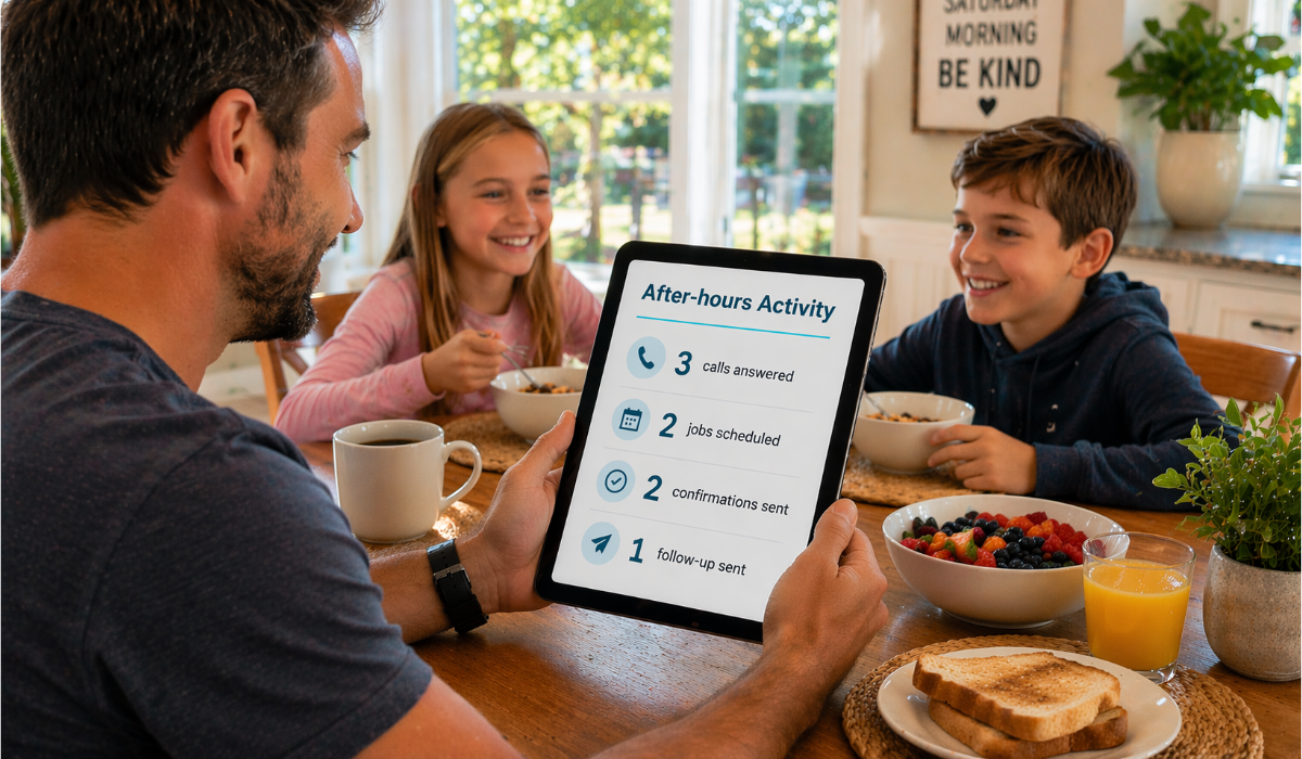 AI receptionist dashboard on a tablet showing after-hours activity including calls answered, jobs scheduled, confirmations, and follow-ups, viewed by a home services business owner during a family breakfast, illustrating 24/7 lead capture and automated booking for HVAC, plumbing, and electrical companies