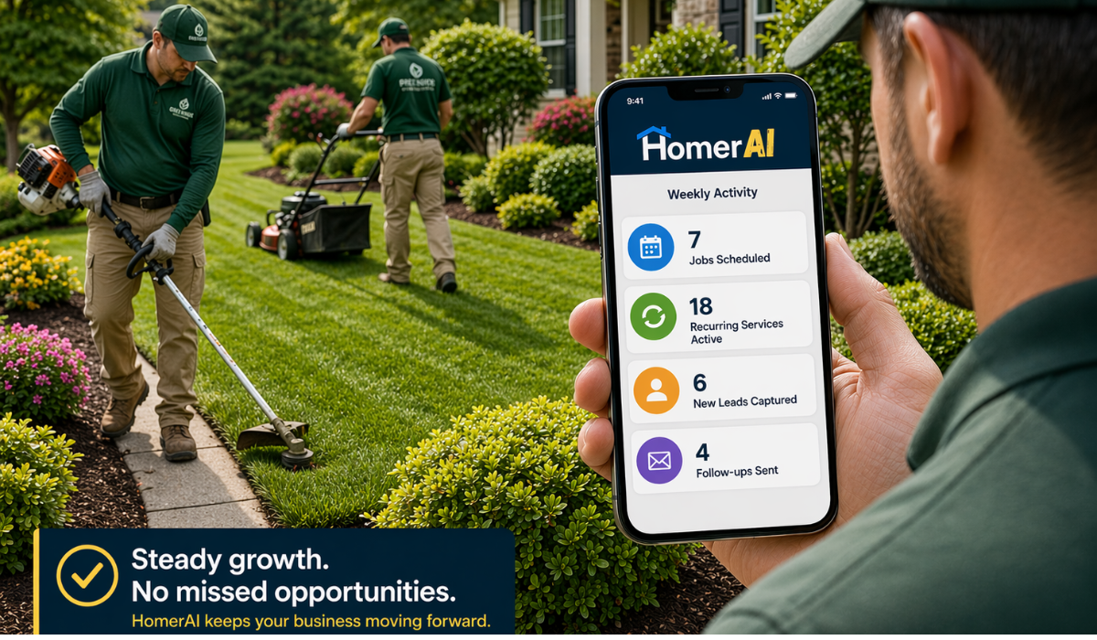 AI landscaping business dashboard on a smartphone showing jobs scheduled, recurring services active, new leads captured, and follow-ups sent, with a professional landscaping crew working in the background, illustrating automated booking and steady year-round revenue growth