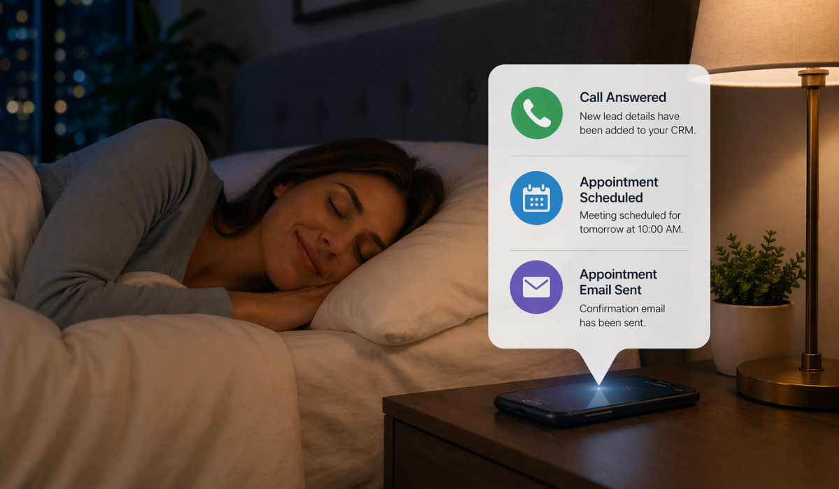 AI real estate agent automation capturing a late-night lead while agent sleeps, showing call answered, appointment scheduled, and CRM follow-up on smartphone
