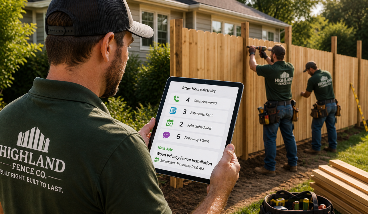 AI fencing contractor reviewing project updates on a tablet showing leads captured, estimates followed up, jobs scheduled, and automated customer communication while a fence installation crew works onsite in the background