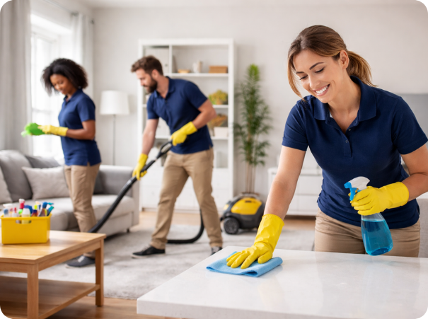 Professional house cleaning team in uniform cleaning a modern living room, showcasing residential cleaning services and home maintenance.