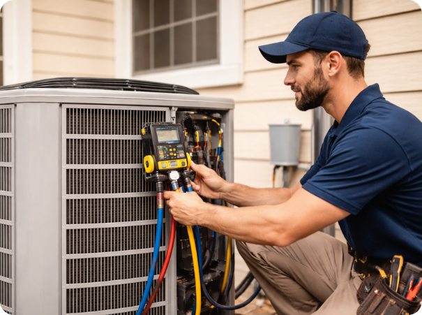 HVAC technician servicing a residential AC outdoor unit, measuring refrigerant levels with digital gauges during maintenance.