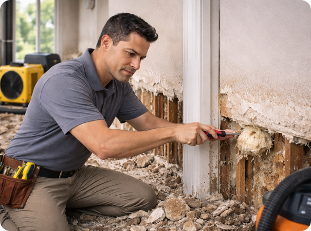 Home restoration worker repairing flood-damaged home by removing wet drywall and insulation.