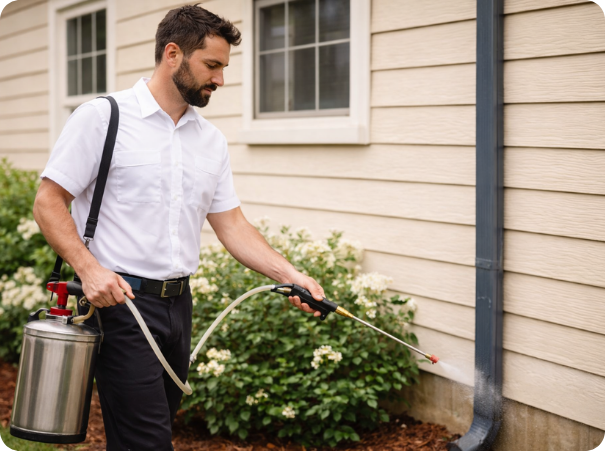 Residential pest control service technician applying perimeter treatment around a home using a handheld sprayer.